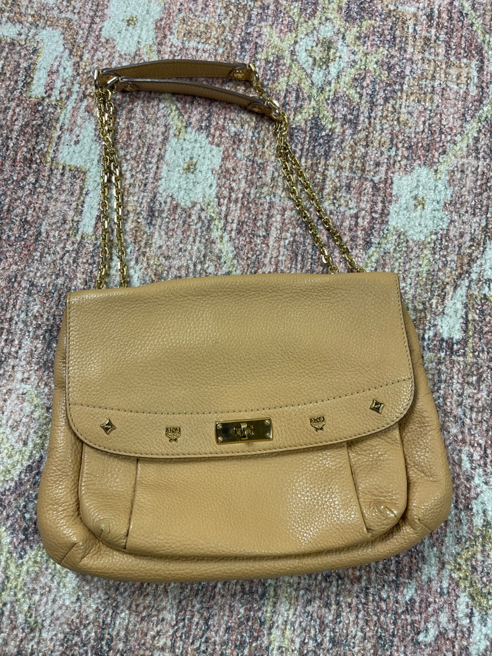 MCM Visetos Tan Leather Studded Gold Chain Shoulder Bag Purse